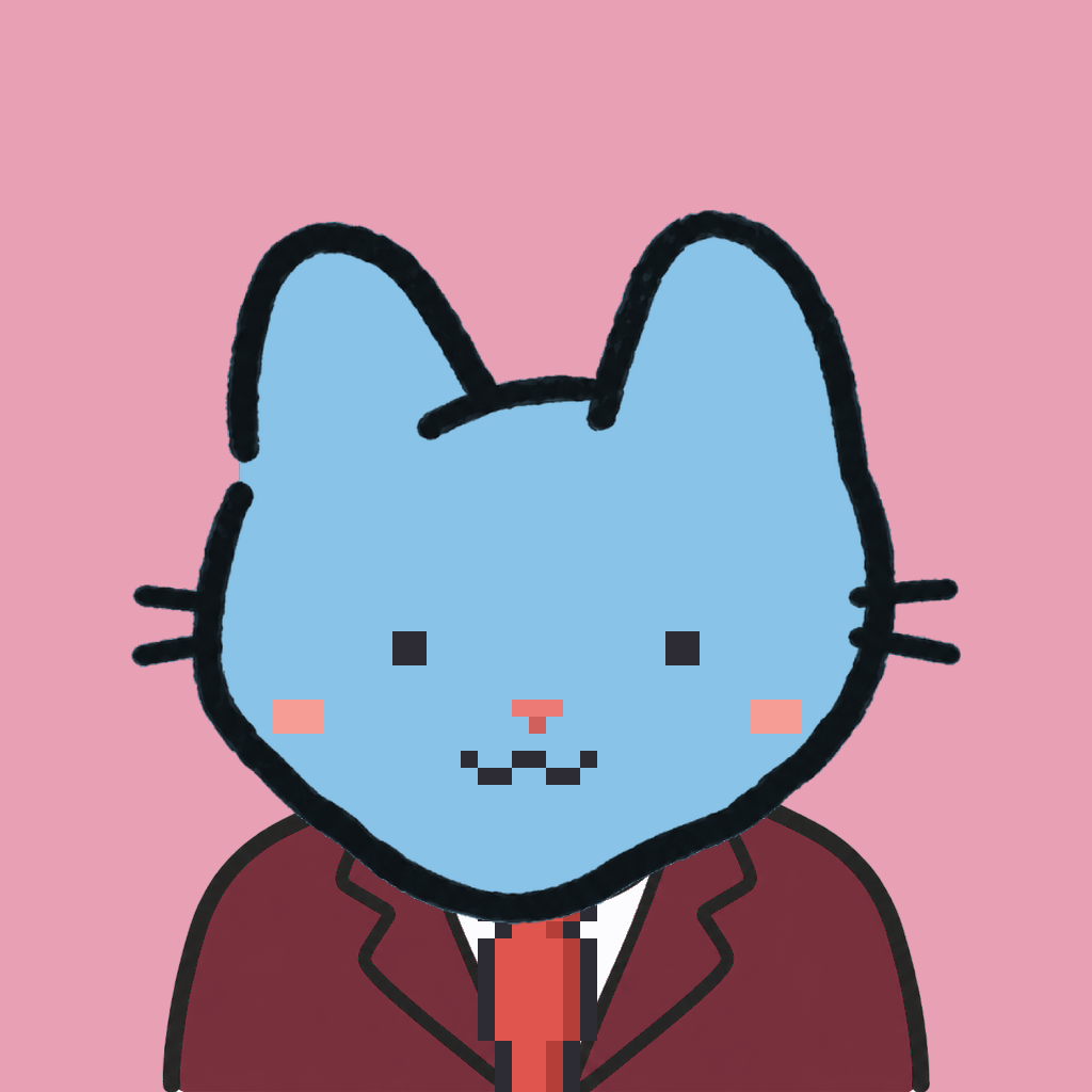 Employee #2225 — a sky cat, in a burgundy suit, with a red tie, on rose