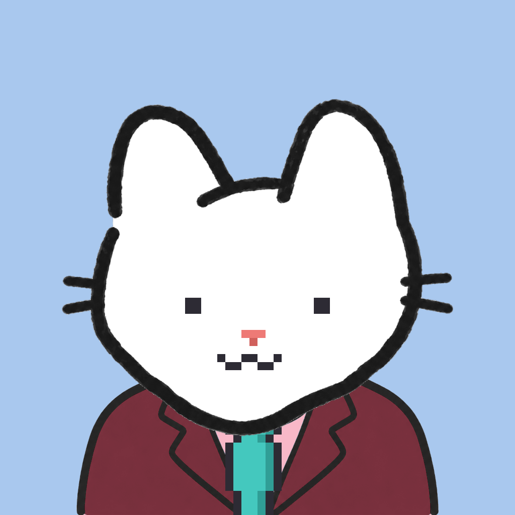Employee #2226 — a white cat, in a burgundy suit, with a teal tie, on sky