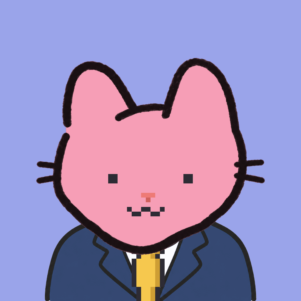 Employee #2227 — a pink cat, in a navy suit, with a gold tie, on periwinkle