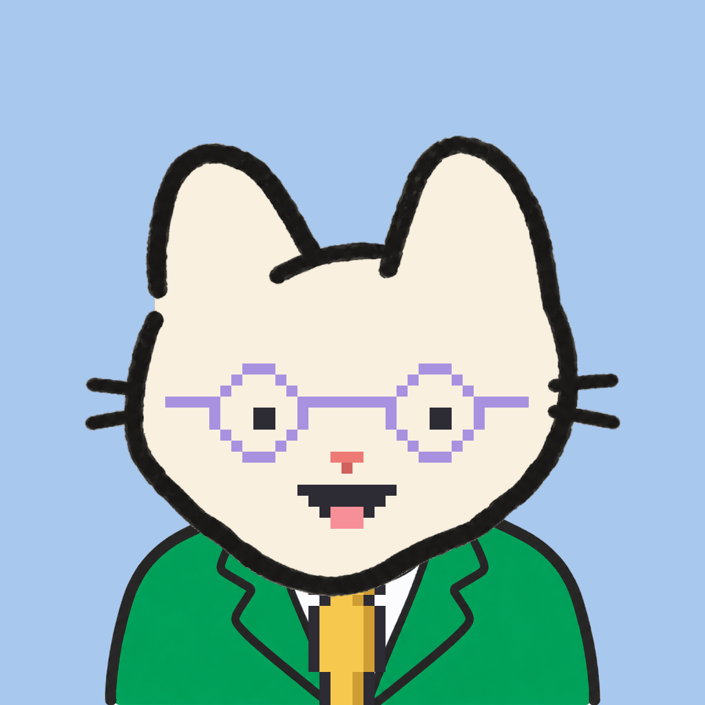 Employee #2228 — a cream cat, in a green suit, with a gold tie, wearing round-lavender glasses, on sky