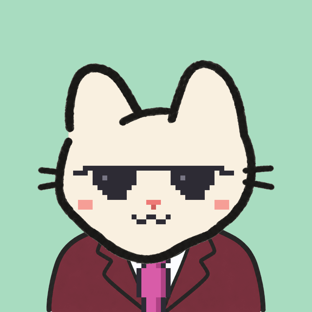Employee #2229 — a cream cat, in a burgundy suit, with a magenta tie, wearing shades glasses, on mint