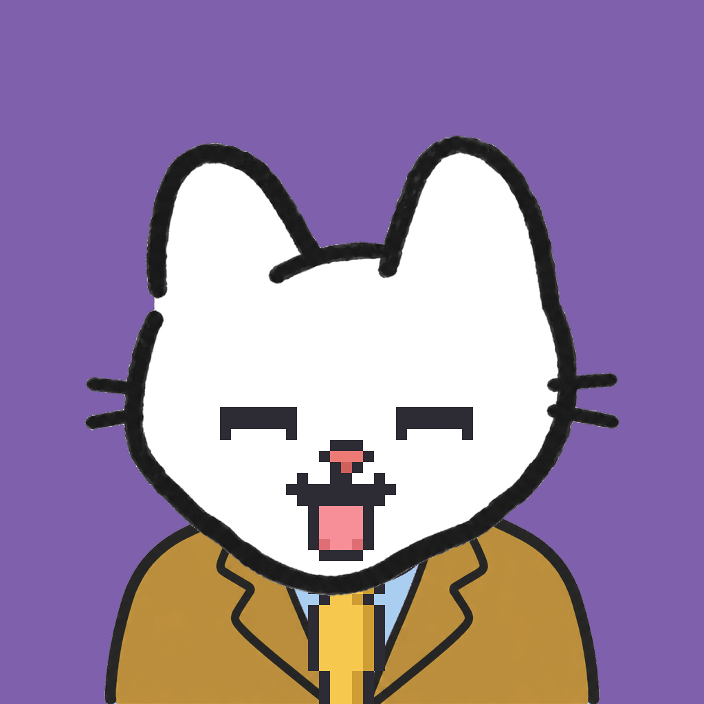 Employee #0223 — a white cat, in a mustard suit, with a gold tie, on plasma violet