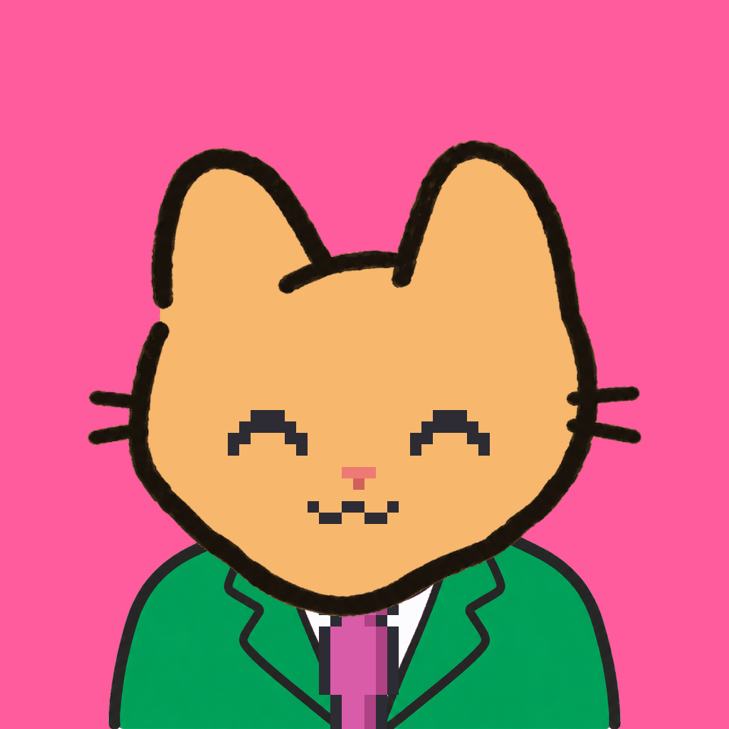Employee #2230 — a tabby cat, in a green suit, with a magenta tie, on hot pink