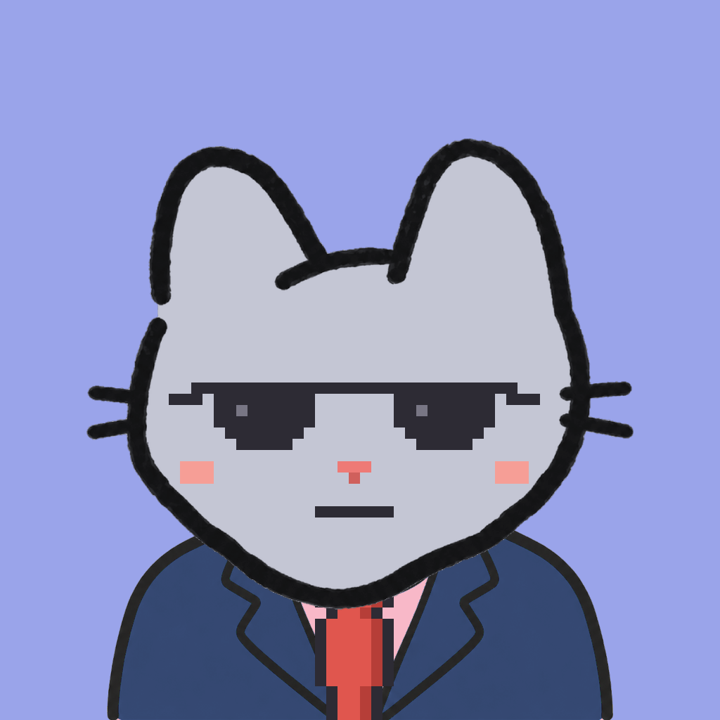 Employee #2231 — a gray cat, in a navy suit, with a red tie, wearing shades glasses, on periwinkle