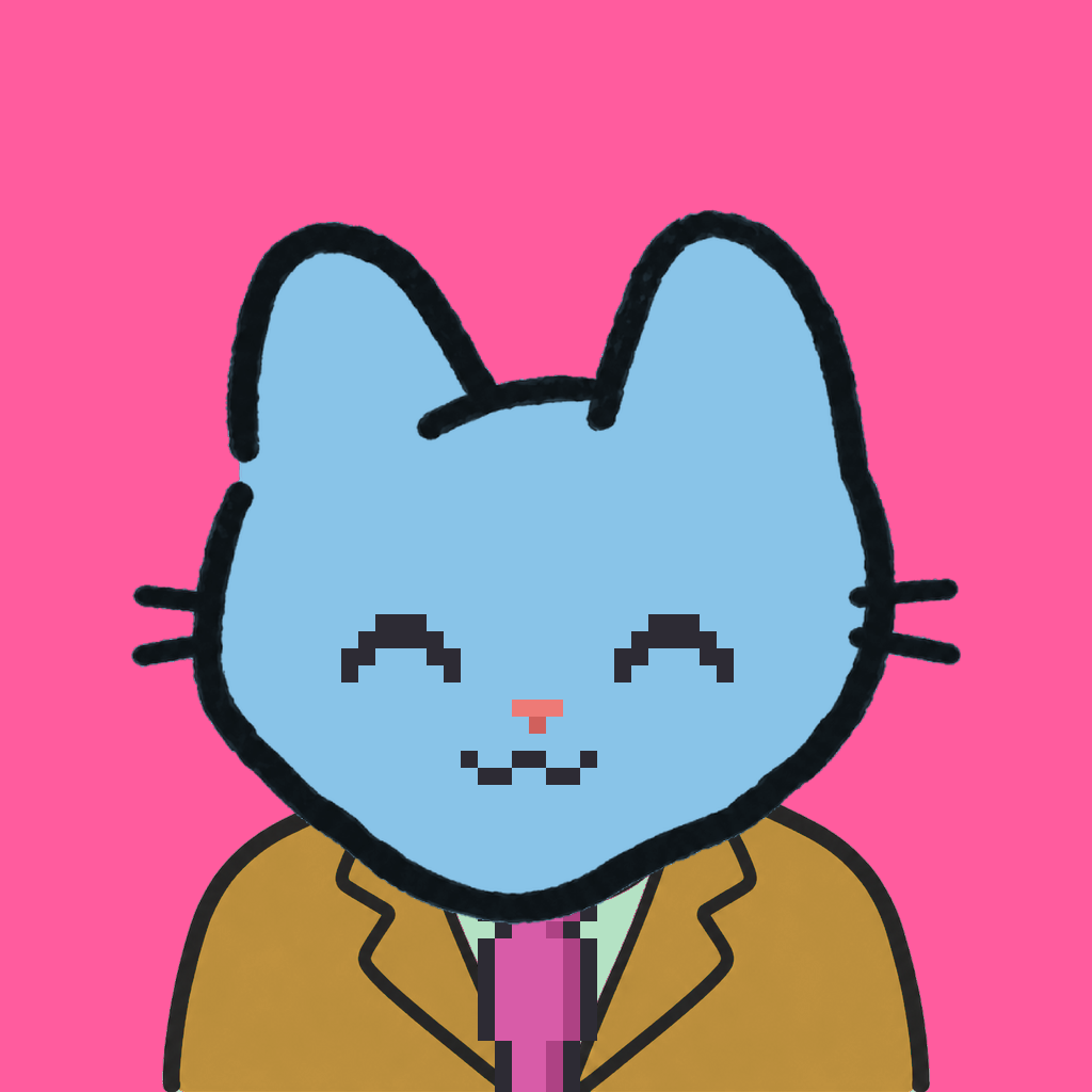 Employee #2232 — a sky cat, in a mustard suit, with a magenta tie, on hot pink