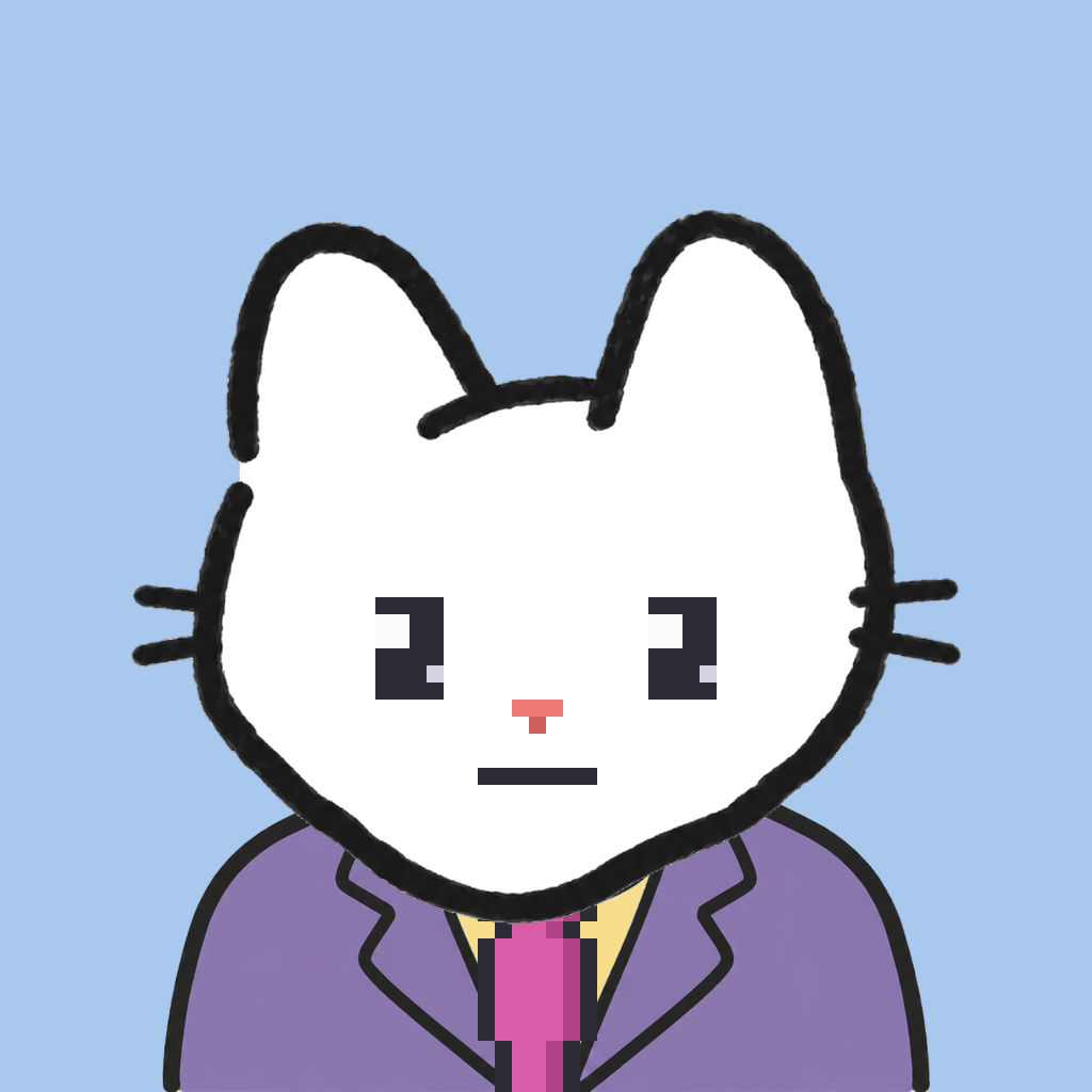 Employee #2233 — a white cat, in a lavender suit, with a magenta tie, on sky
