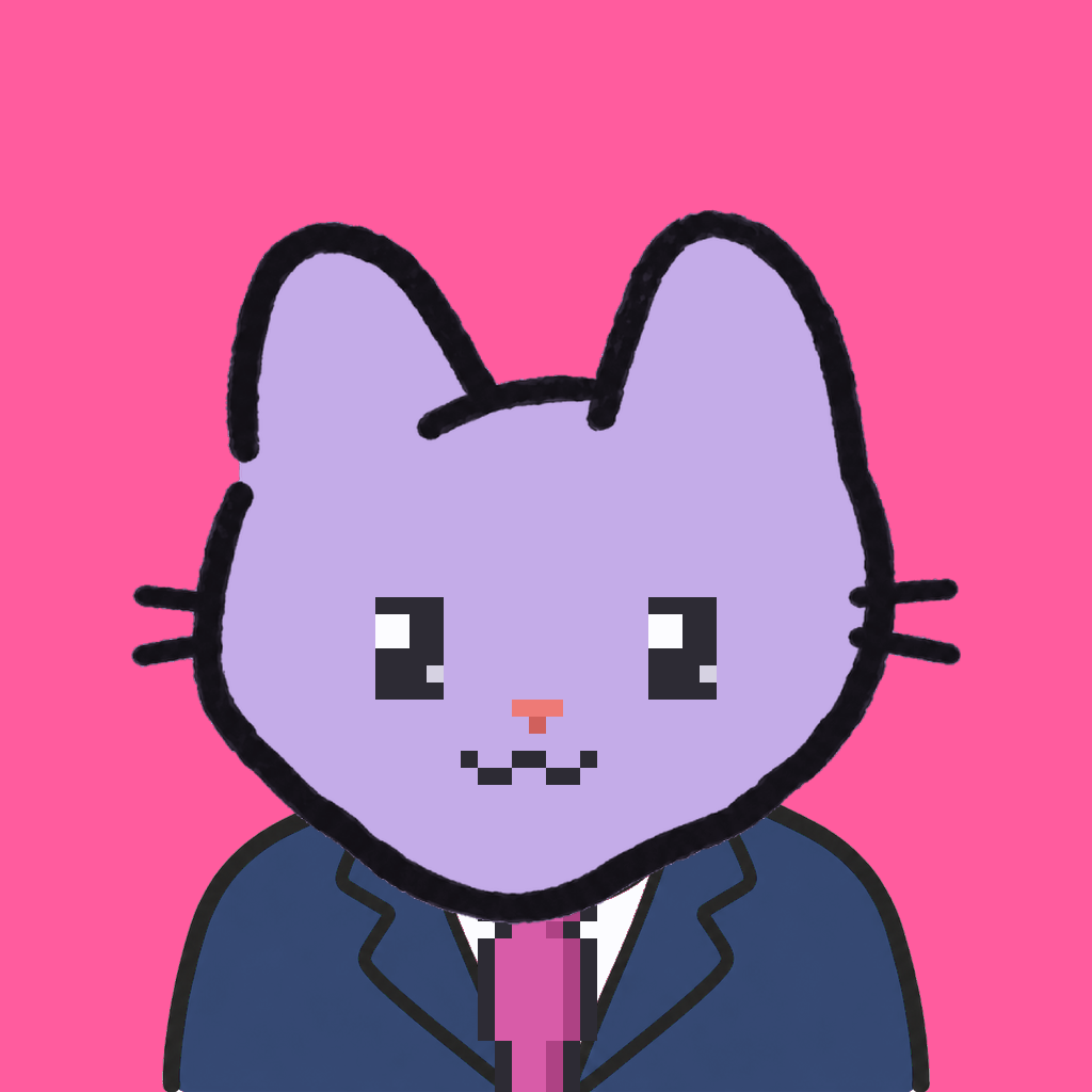 Employee #2234 — a lavender cat, in a navy suit, with a magenta tie, on hot pink