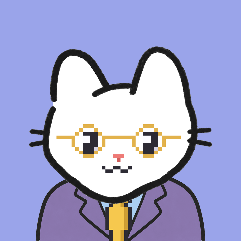 Employee #2235 — a white cat, in a lavender suit, with a gold tie, wearing round-gold glasses, on periwinkle