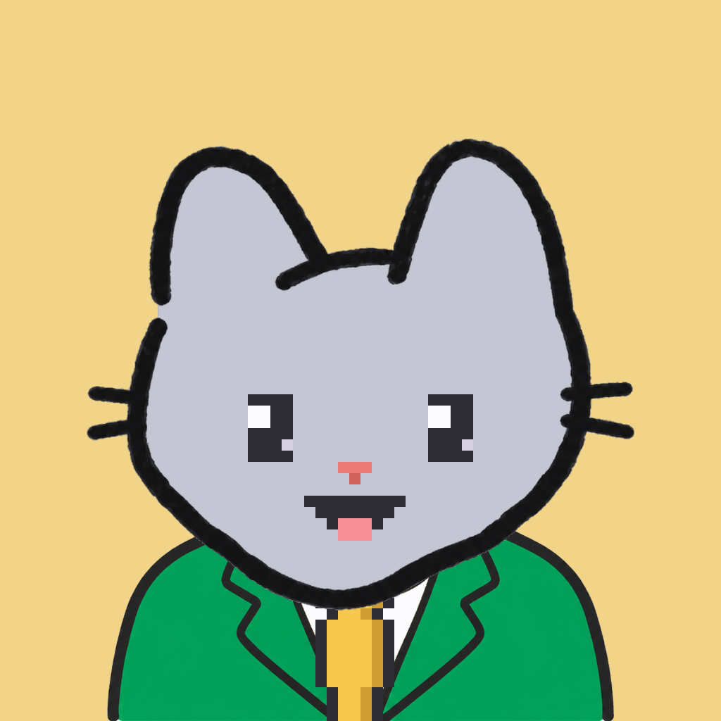 Employee #2236 — a gray cat, in a green suit, with a gold tie, on butter