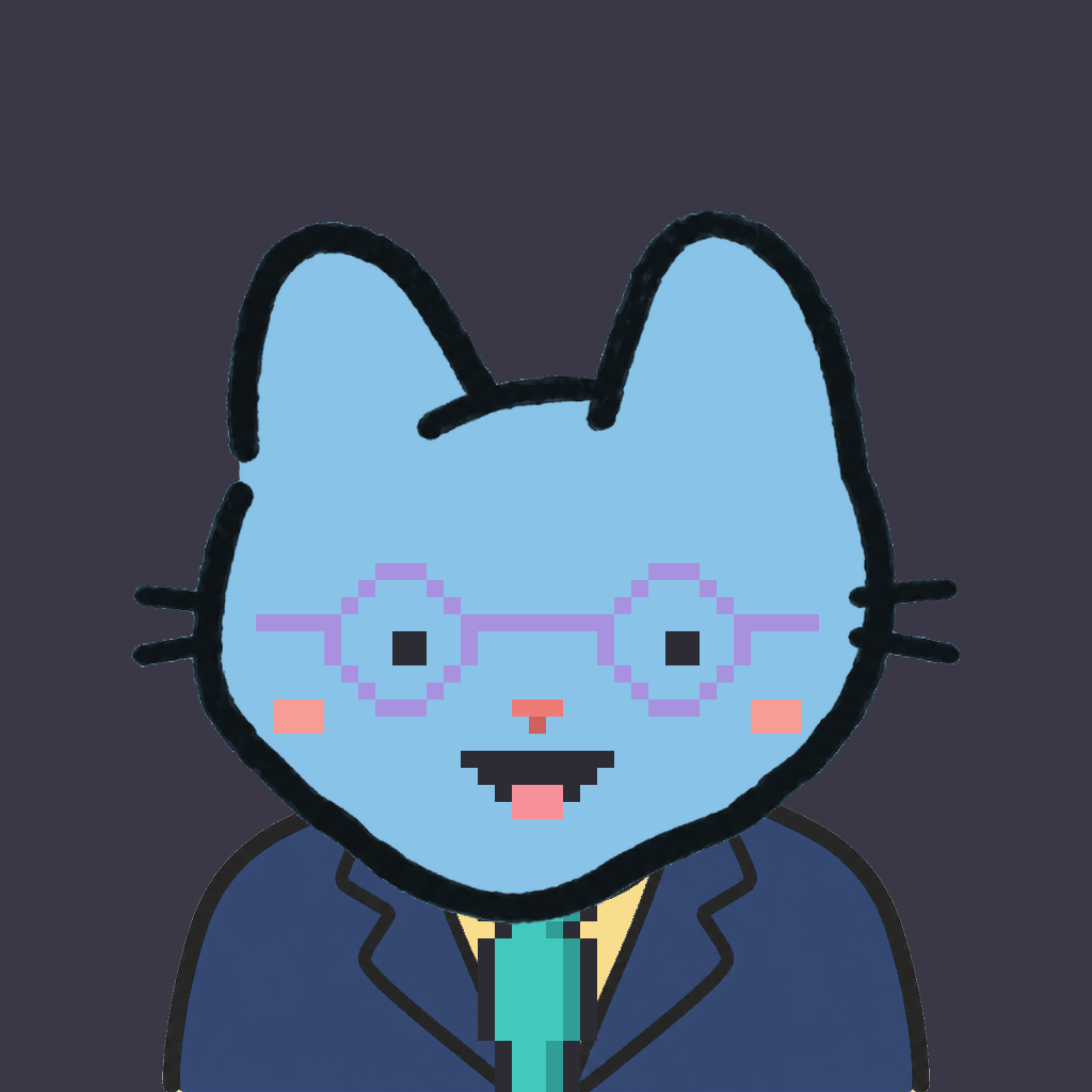 Employee #2237 — a sky cat, in a navy suit, with a teal tie, wearing round-lavender glasses, on charcoal