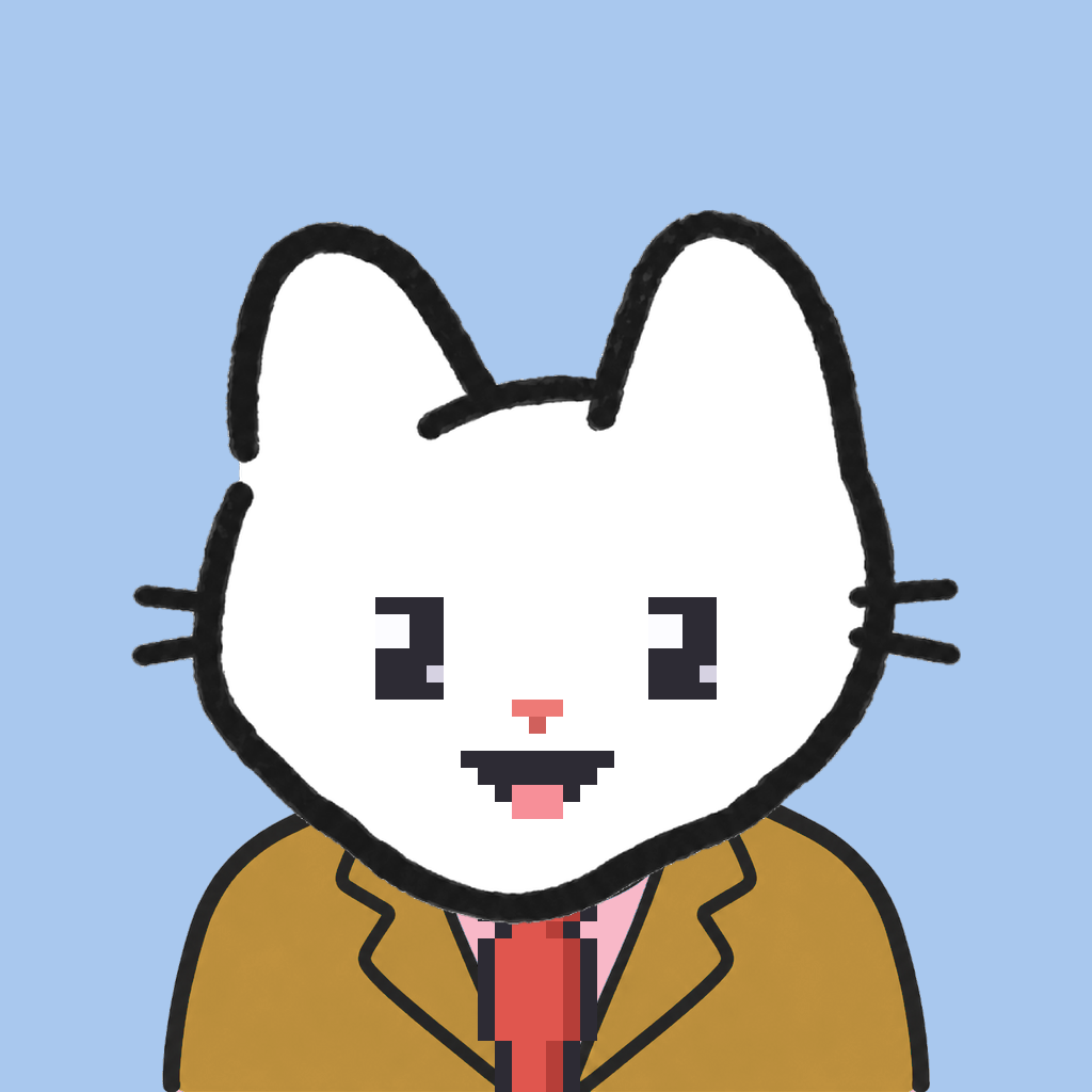 Employee #2238 — a white cat, in a mustard suit, with a red tie, on sky