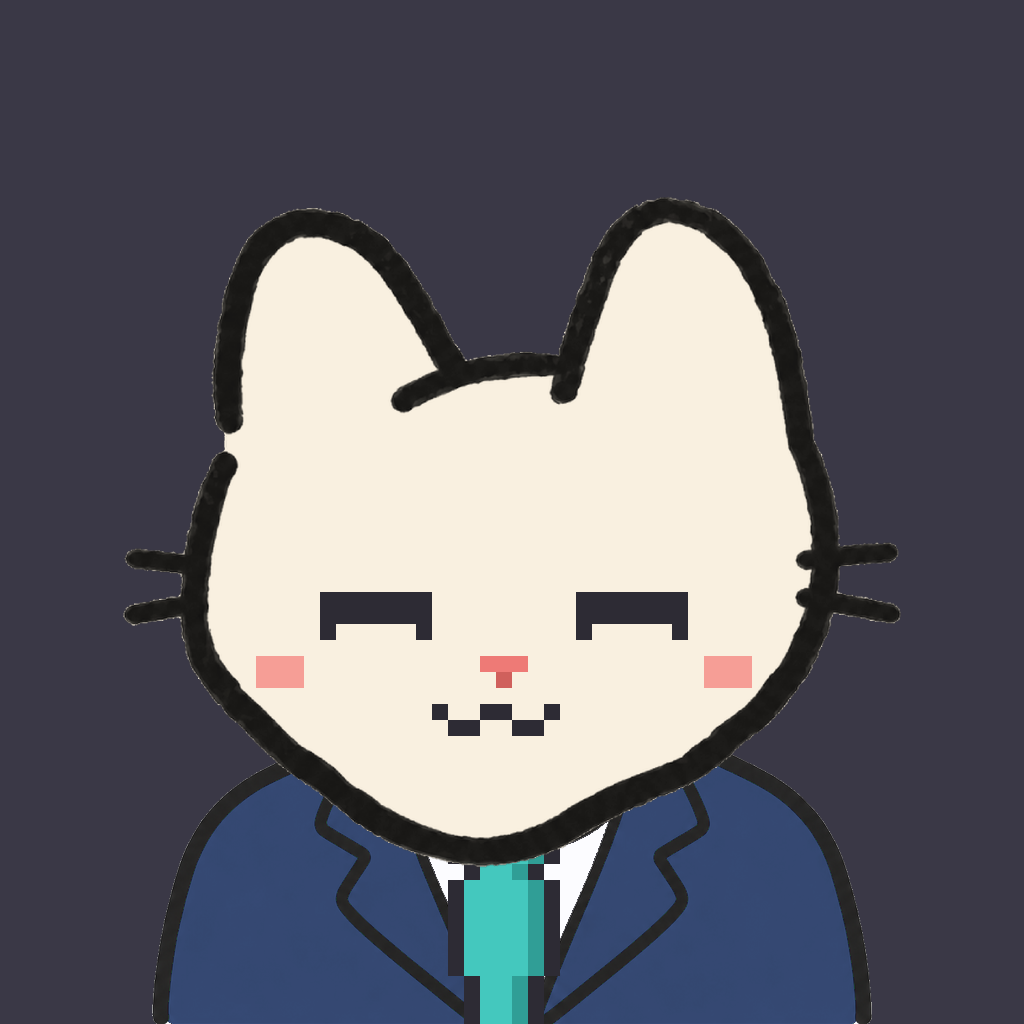 Employee #2239 — a cream cat, in a navy suit, with a teal tie, on charcoal