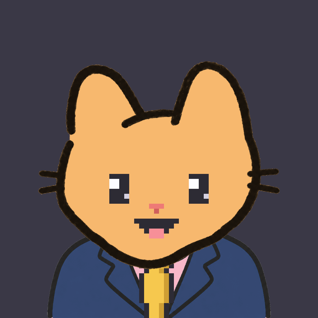 Employee #0224 — a tabby cat, in a navy suit, with a gold tie, on charcoal