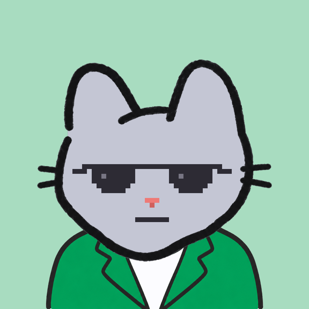 Employee #2241 — a gray cat, in a green suit, wearing shades glasses, on mint