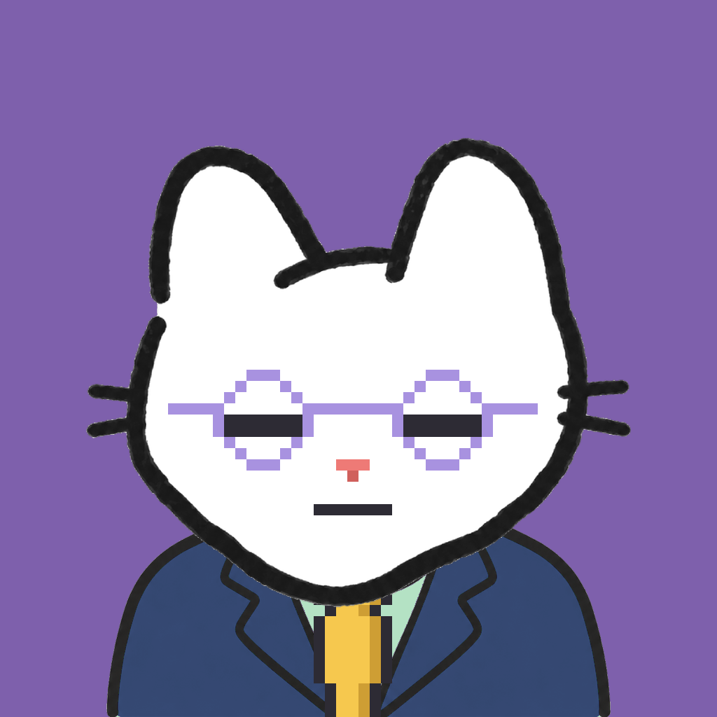 Employee #2242 — a white cat, in a navy suit, with a gold tie, wearing round-lavender glasses, on plasma violet
