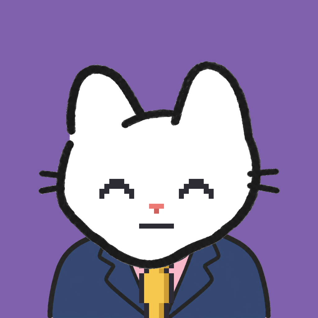 Employee #2243 — a white cat, in a navy suit, with a gold tie, on plasma violet