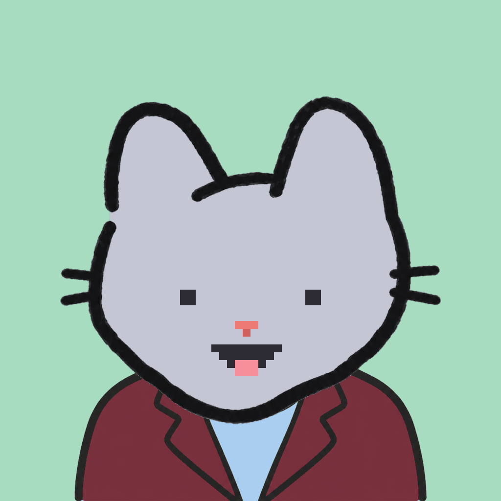 Employee #2244 — a gray cat, in a burgundy suit, on mint
