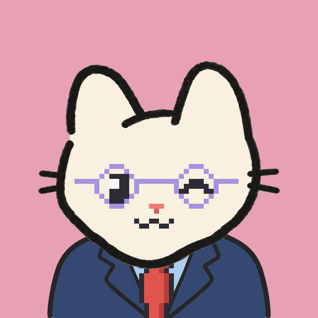 Employee #2245 — a cream cat, in a navy suit, with a red tie, wearing round-lavender glasses, on rose