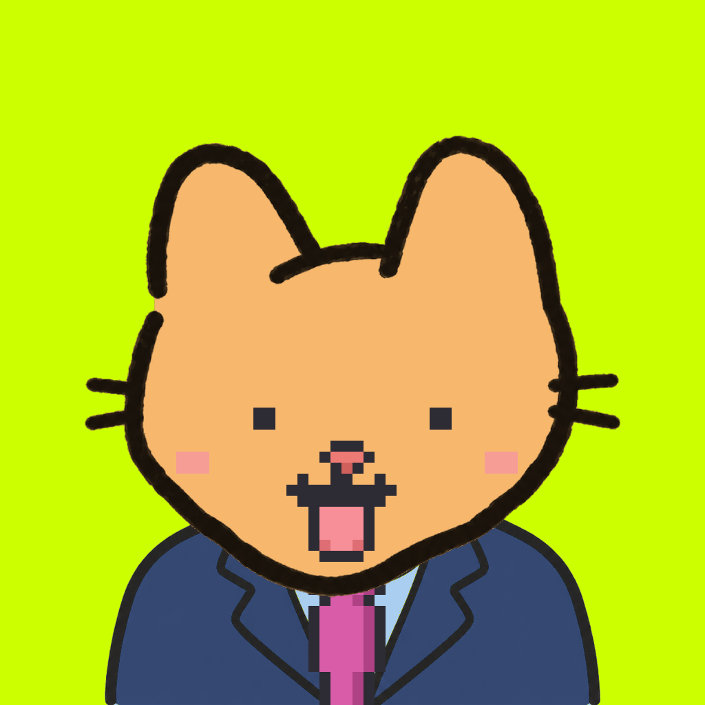 Employee #2246 — a tabby cat, in a navy suit, with a magenta tie, on volt