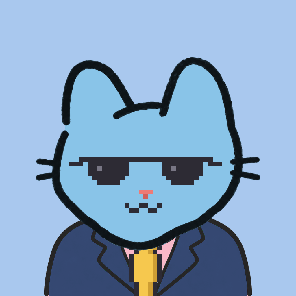 Employee #2247 — a sky cat, in a navy suit, with a gold tie, wearing shades glasses, on sky