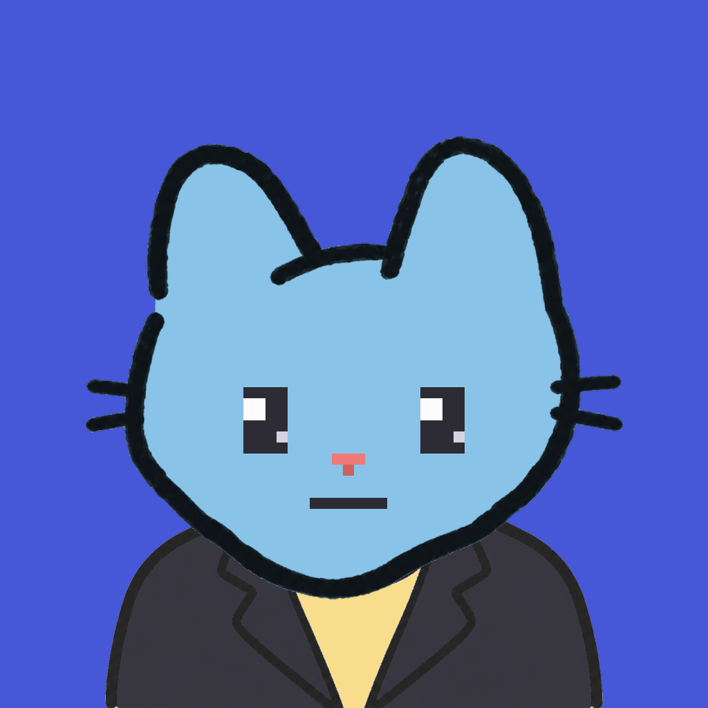 Employee #2248 — a sky cat, in a black suit, on royal