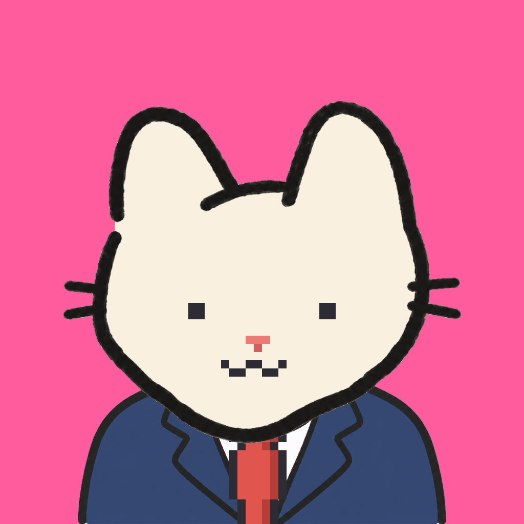 Employee #2249 — a cream cat, in a navy suit, with a red tie, on hot pink