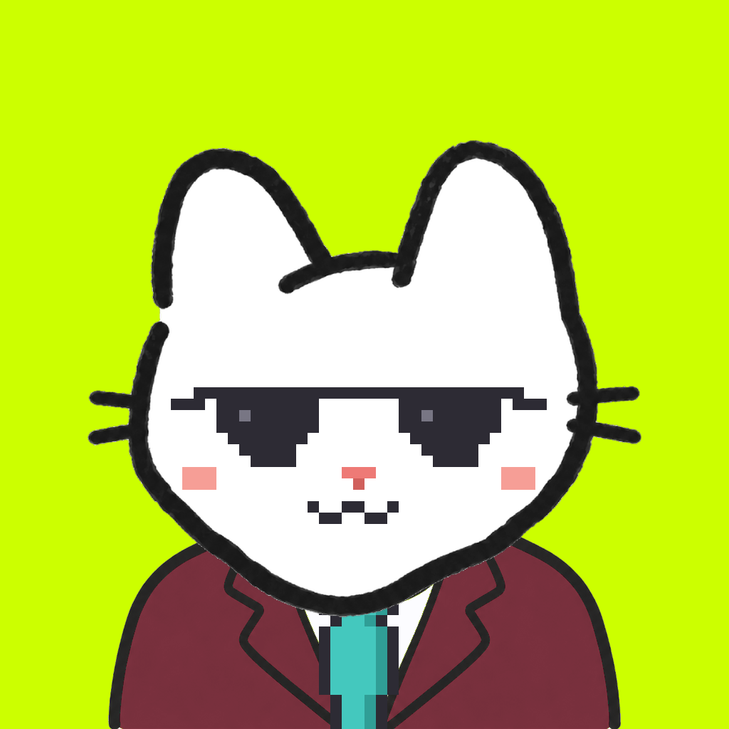 Employee #0225 — a white cat, in a burgundy suit, with a teal tie, wearing shades glasses, on volt