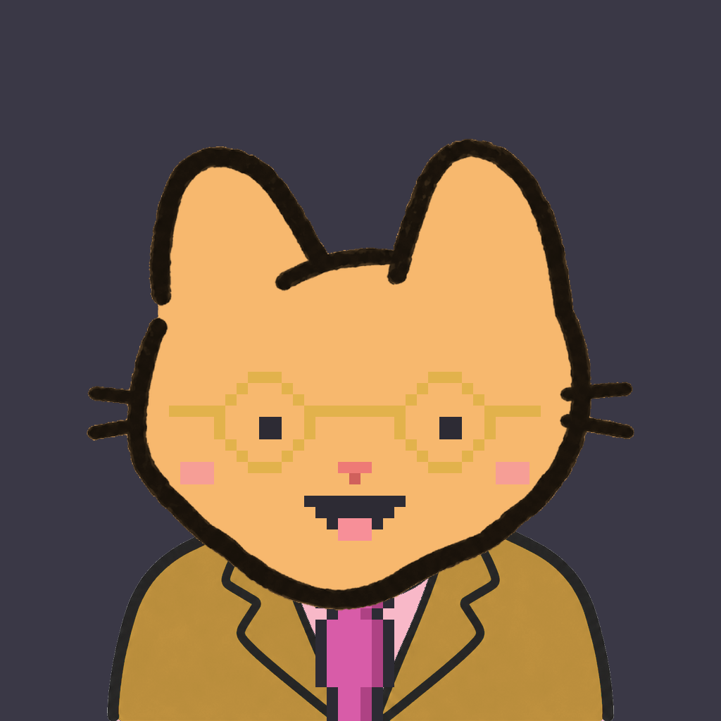 Employee #2250 — a tabby cat, in a mustard suit, with a magenta tie, wearing round-gold glasses, on charcoal