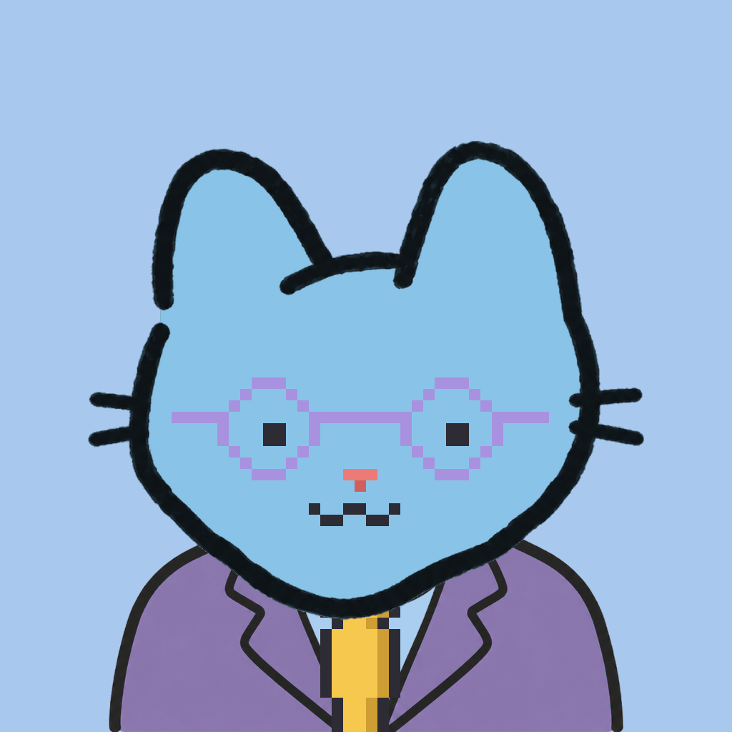 Employee #2251 — a sky cat, in a lavender suit, with a gold tie, wearing round-lavender glasses, on sky