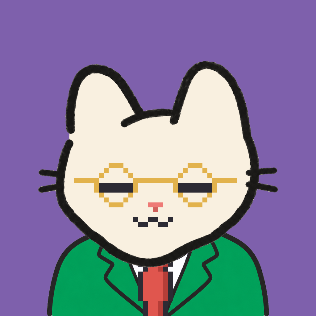Employee #2252 — a cream cat, in a green suit, with a red tie, wearing round-gold glasses, on plasma violet
