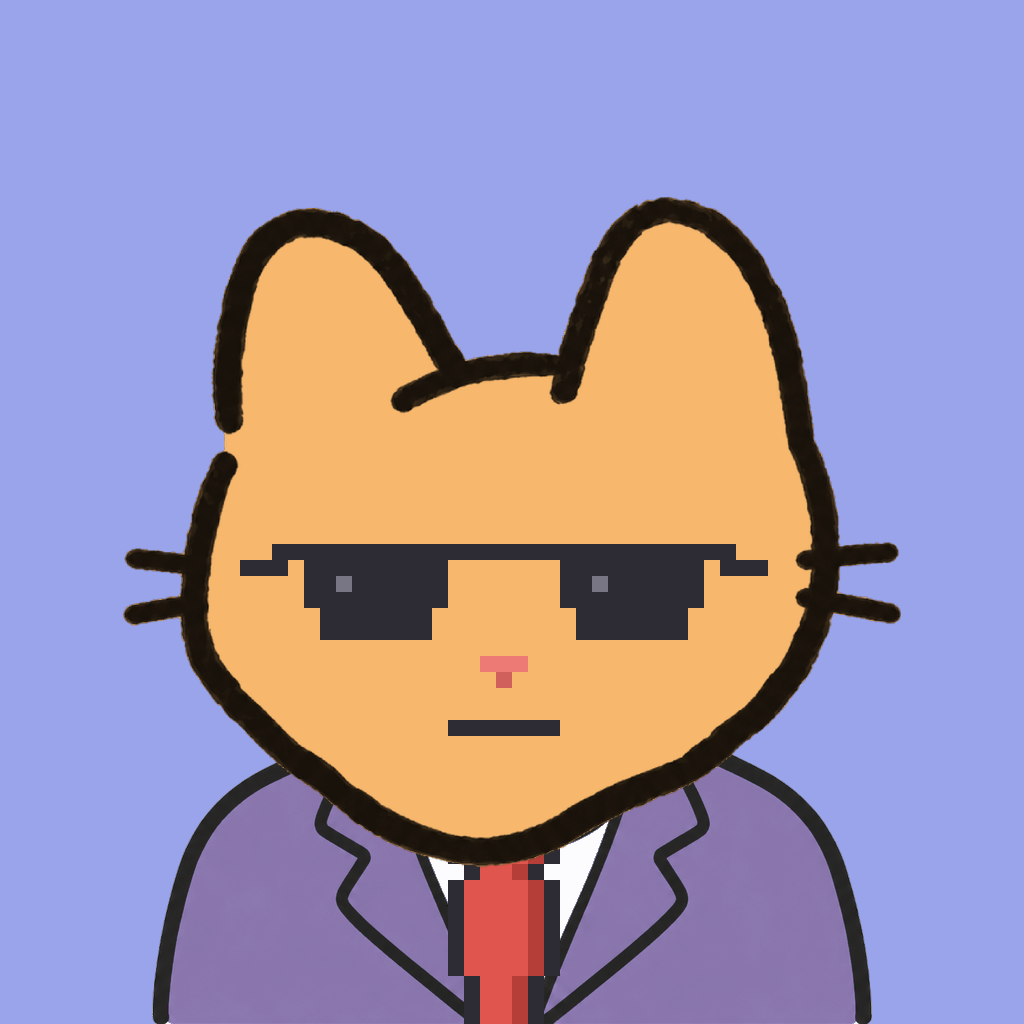 Employee #2253 — a tabby cat, in a lavender suit, with a red tie, wearing shades glasses, on periwinkle