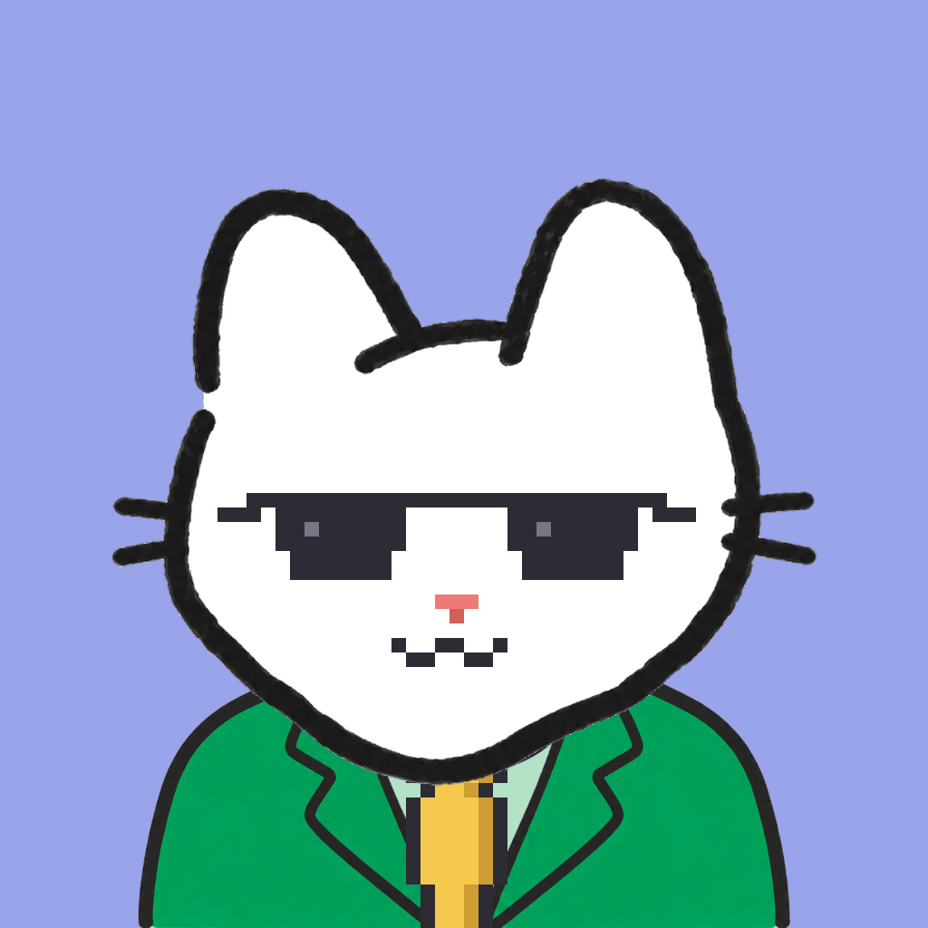 Employee #2254 — a white cat, in a green suit, with a gold tie, wearing shades glasses, on periwinkle
