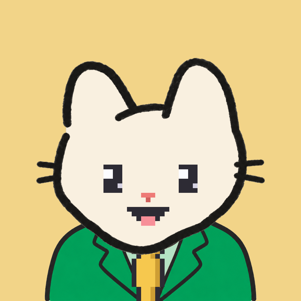 Employee #2255 — a cream cat, in a green suit, with a gold tie, on butter