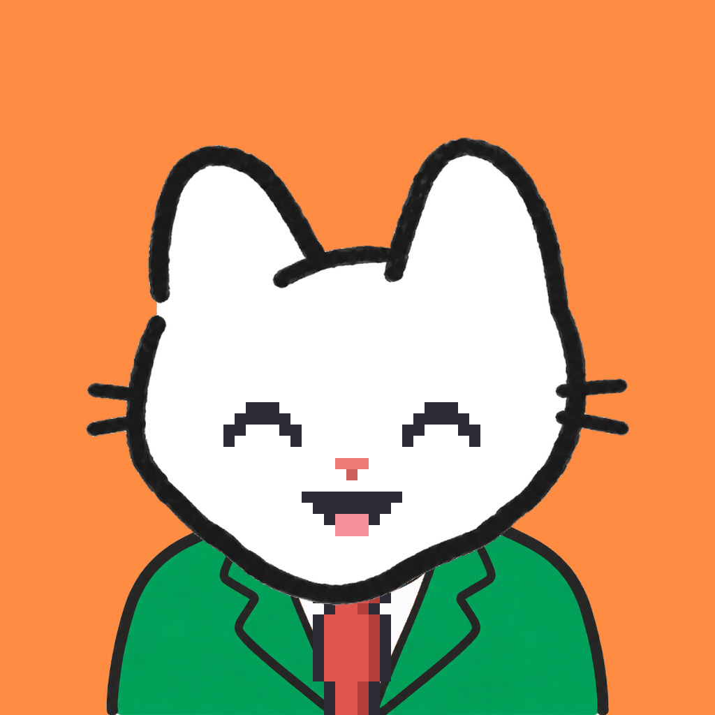 Employee #2256 — a white cat, in a green suit, with a red tie, on tangerine