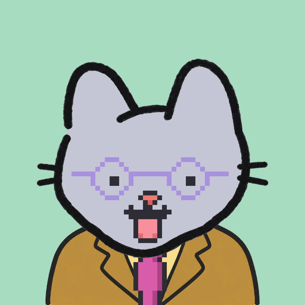 Employee #2257 — a gray cat, in a mustard suit, with a magenta tie, wearing round-lavender glasses, on mint