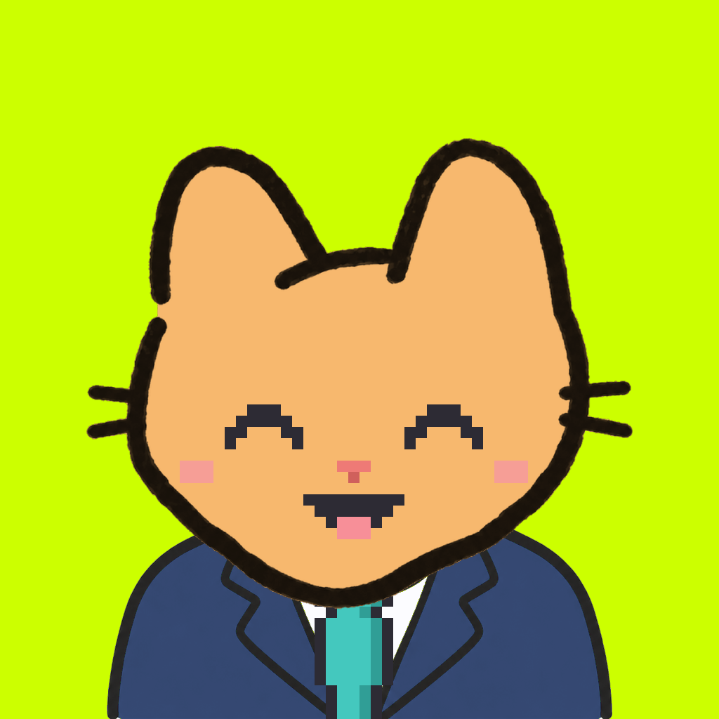 Employee #2258 — a tabby cat, in a navy suit, with a teal tie, on volt