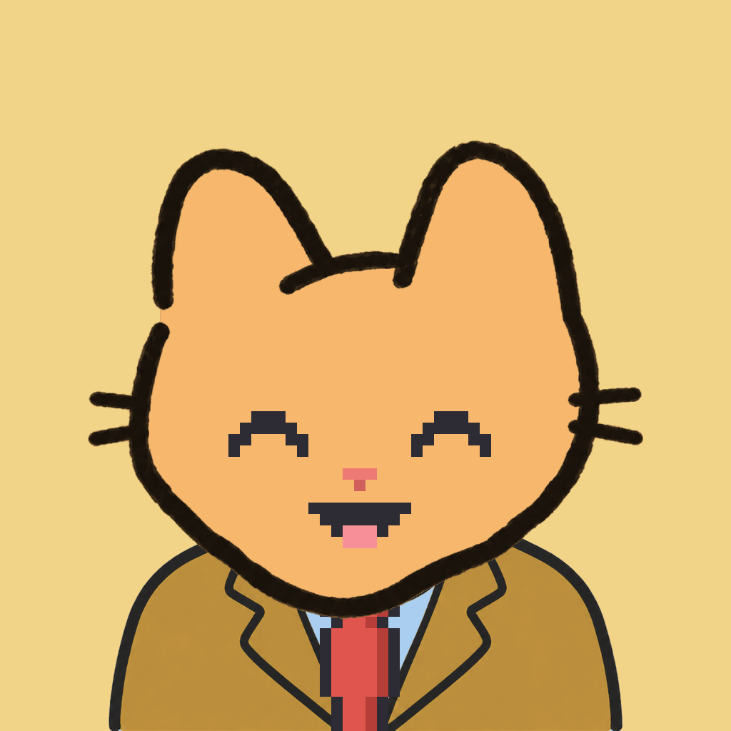 Employee #2259 — a tabby cat, in a mustard suit, with a red tie, on butter