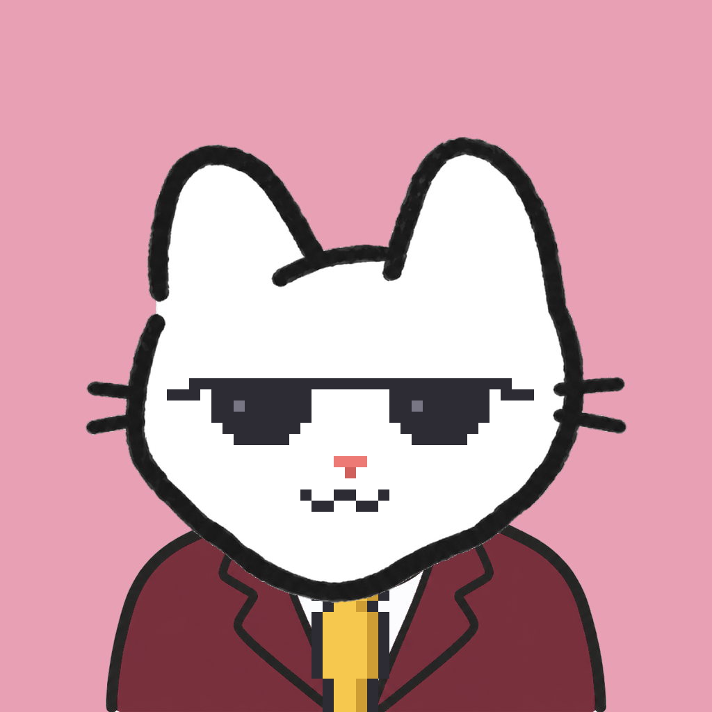 Employee #2260 — a white cat, in a burgundy suit, with a gold tie, wearing shades glasses, on rose