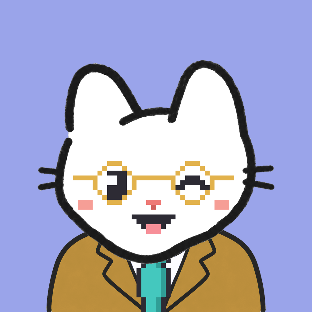 Employee #2262 — a white cat, in a mustard suit, with a teal tie, wearing round-gold glasses, on periwinkle