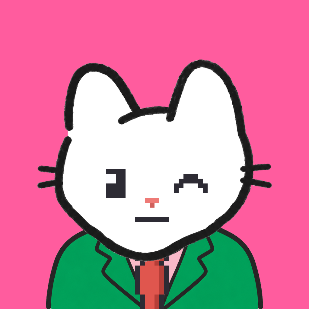 Employee #2263 — a white cat, in a green suit, with a red tie, on hot pink