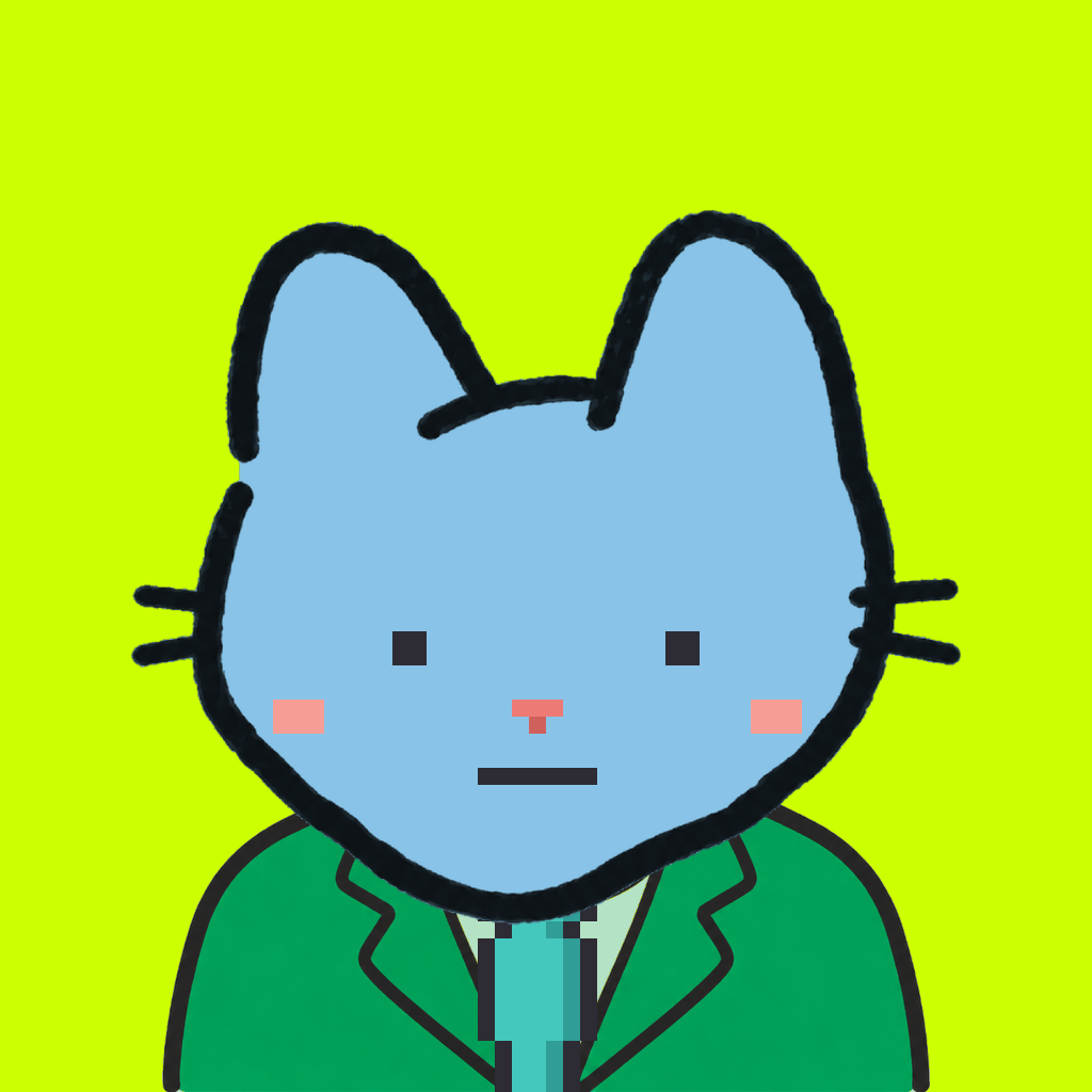 Employee #2264 — a sky cat, in a green suit, with a teal tie, on volt