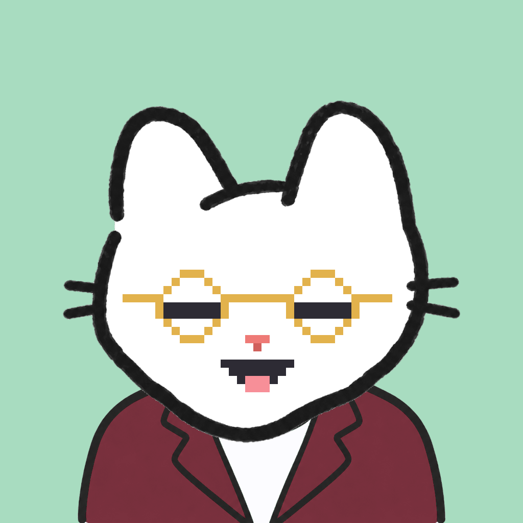 Employee #2265 — a white cat, in a burgundy suit, wearing round-gold glasses, on mint