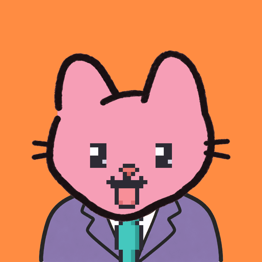 Employee #2266 — a pink cat, in a lavender suit, with a teal tie, on tangerine