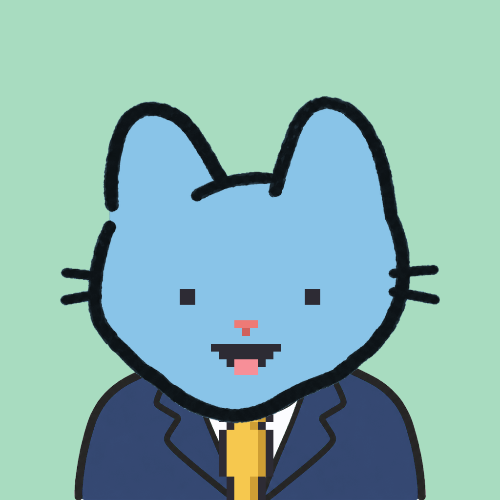 Employee #2267 — a sky cat, in a navy suit, with a gold tie, on mint