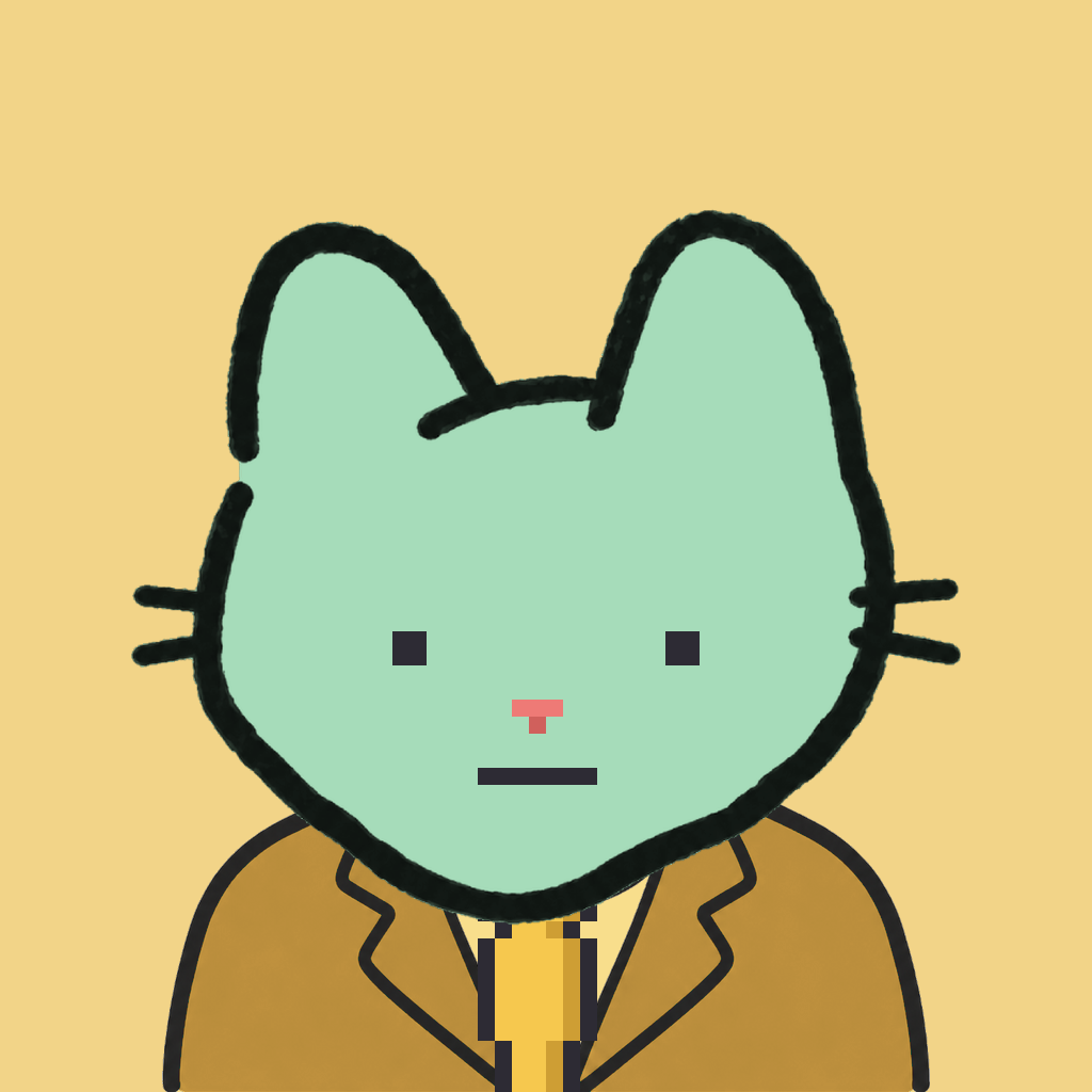 Employee #2268 — a mint cat, in a mustard suit, with a gold tie, on butter