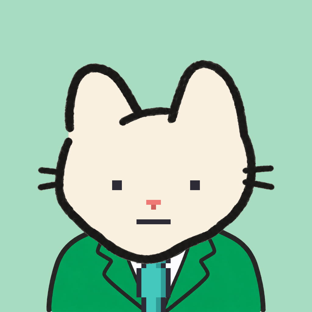 Employee #0227 — a cream cat, in a green suit, with a teal tie, on mint