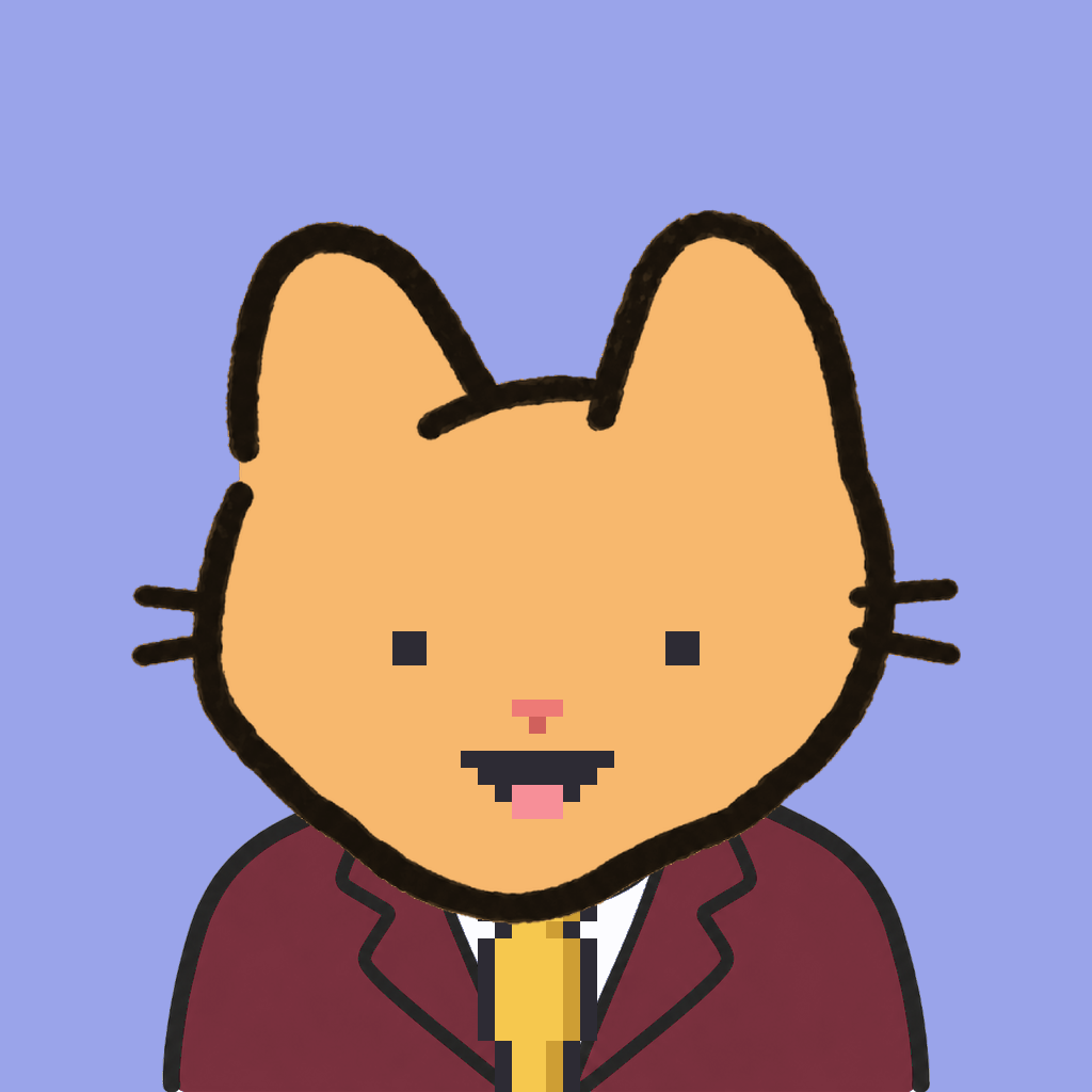 Employee #2270 — a tabby cat, in a burgundy suit, with a gold tie, on periwinkle