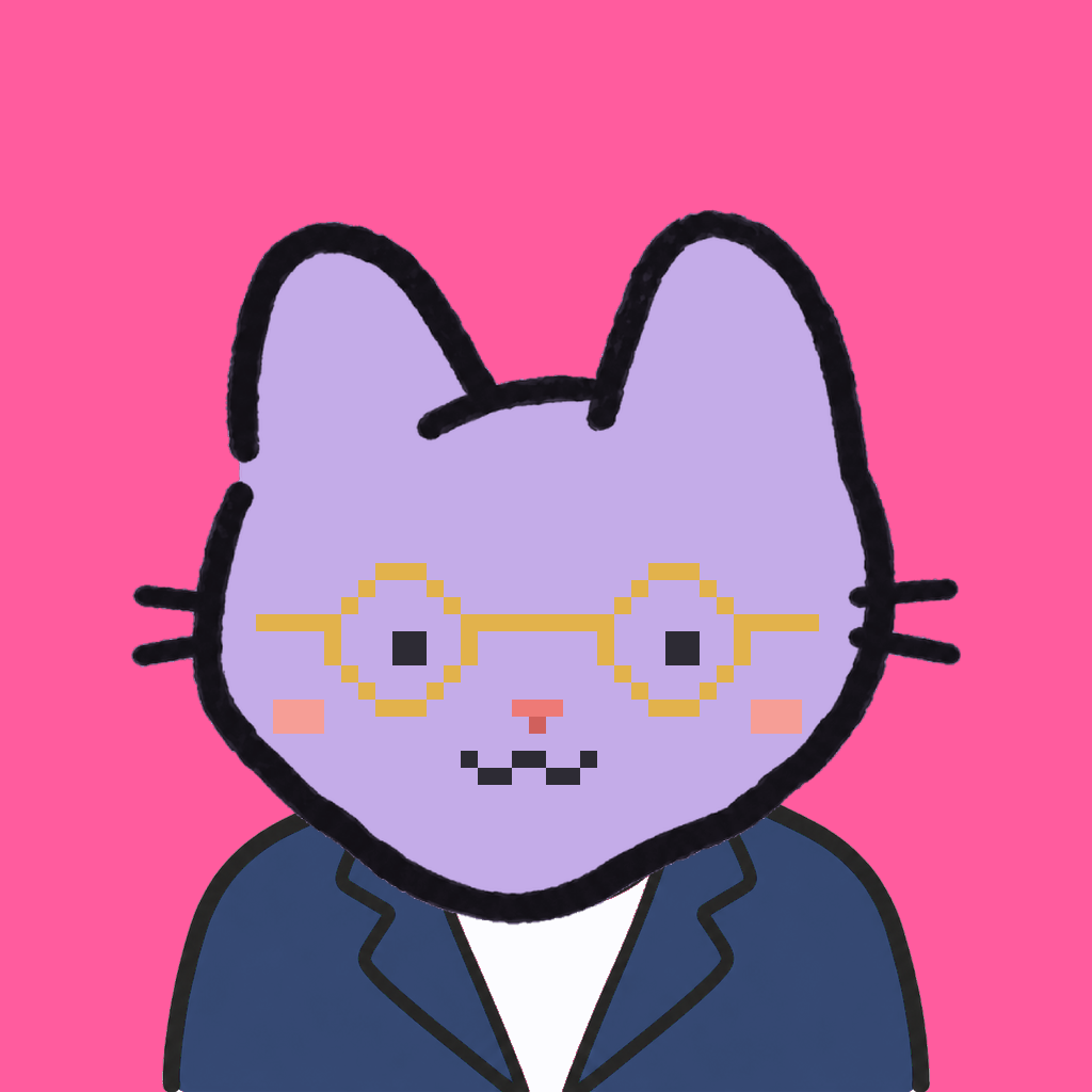Employee #2271 — a lavender cat, in a navy suit, wearing round-gold glasses, on hot pink