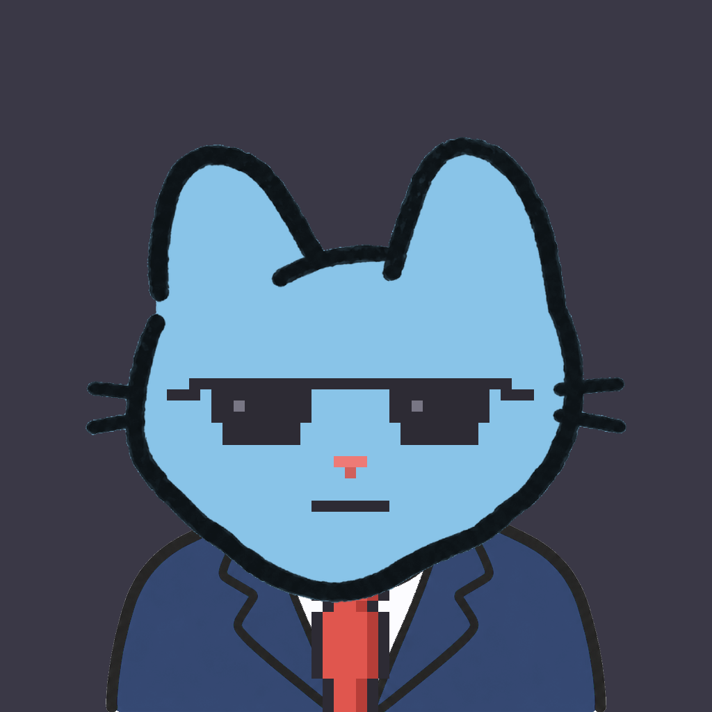 Employee #2272 — a sky cat, in a navy suit, with a red tie, wearing shades glasses, on charcoal