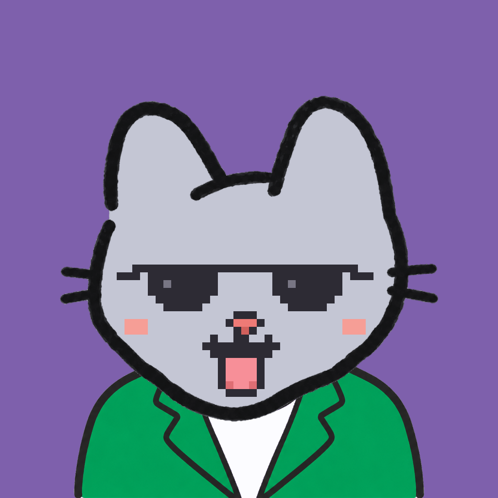 Employee #2273 — a gray cat, in a green suit, wearing shades glasses, on plasma violet